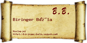 Biringer Béla névjegykártya